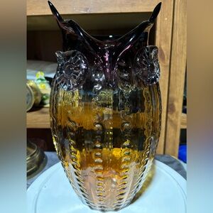 Large  Glass Owl Vase Amber Amethyst Ombre Design